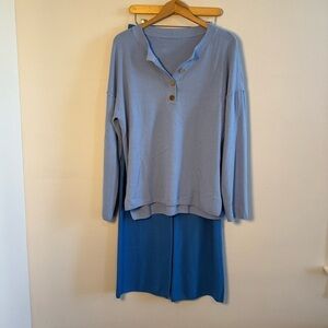 Women’s Blue Lounge Set, Relaxed Fit, Wide Leg Pant, Size XL, Offers Welcome